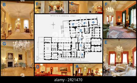 Grundriss der Downing Street 10 in London, der offiziellen Residenz und das Büro des britischen Premierministers. Es ist der Sitz der Regierung des Vereinigten Königreichs. Die Nummer 10 befindet sich in der Downing Street in der Stadt Westminster, London. Sie ist über 300 Jahre alt und verfügt über ca. 100 Zimmer. Eine private Residenz für den Premierminister befindet sich im dritten Stock und es gibt eine Küche im Keller. Auf den anderen Etagen befinden sich Büros und Konferenz-, Empfangs-, Wohn- und Esszimmer. Stockfoto