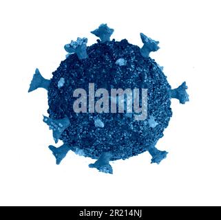 Ein Modell des SARS-CoV-2-Coronavirus, das die COVID-19-Krankheit verursacht. SARS-CoV-2 ist ein Virus der Spezies Severe Acute Respiratory Syndrome-related Coronavirus (SARSr-CoV). Es wird vermutet, dass es zoonotische Ursprünge hat und eine enge genetische Ähnlichkeit mit Fledermaus-Coronaviren hat, was darauf hindeutet, dass es aus einem Fledermaus-Virus hervorgegangen ist. 2022. Stockfoto