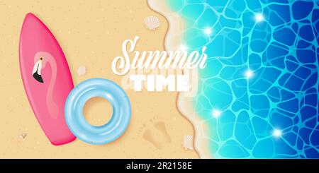 Banner für Sommerferien. Sommerstrand mit Surfbrett und aufblasbarem Gummiring. Vektordarstellung im 3D-Stil Stock Vektor
