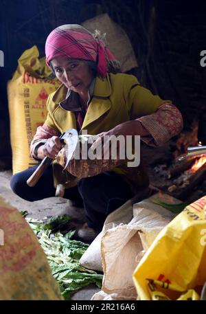 Das Dorf Pi Po im Osten von Kaiyuan in der autonomen Präfektur Hani und Yi Ethnic Honghe, Provinz Yunnan, Südchina - das Dorf ist die Heimat der Pula, einer Unterminderheit der Yi oder Lolo, einer ethnischen Gruppe in China, Vietnam und Thailand. Mit 8 Millionen sind sie die siebtgrößte der 55 ethnischen Minderheiten. Stockfoto