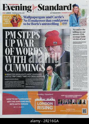 Auf der Titelseite von Evening Standard (britische Zeitung) wird über die Affäre Dominic Cummings berichtet, eine Reihe von Ereignissen, an denen der britische politische Strategist Dominic Cummings während der COVID-19-Pandemie im Vereinigten Königreich beteiligt war. Zu den Veranstaltungen gehört mindestens eine Reise, die Cummings, ehemaliger Chefberater von Premierminister Boris Johnson, und seine Familie nach Beginn einer nationalen Abriegelung im März 2020 von London nach County Durham unternahmen, während sie Symptome von COVID-19 hatten. Stockfoto
