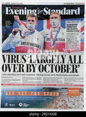 Auf der Titelseite von Evening Standard (britische Zeitung) wird über den Rückgang der COVID-19-Pandemie im Vereinigten Königreich berichtet. Stockfoto
