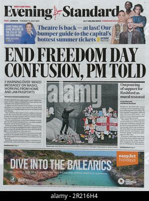 Auf der Titelseite von Evening Standard (britische Zeitung) wird über das Ende der Covid-19-Beschränkungen berichtet, nämlich den "Tag der Freiheit". Stockfoto