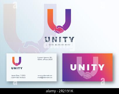 Unity Abstract Vector Logo und Visitenkartenvorlage. Handshake Symbol Incorporated in Letter U Creative Concept. Hochwertiges Stationäres Realistisches Modell Stock Vektor