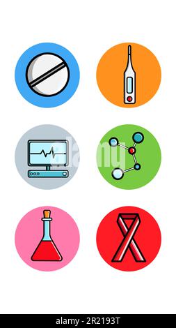 Satz von sechs runden Symbolen für die topische Anwendung mit medizinisch-pharmakologischen Probanden Tablet Thermometer Molekül-Monitorkolben auf weißem Hintergrund. Vect Stock Vektor