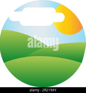 Hügeltal Landschaftsvektor. Grüne Graswiese, strahlende Sonne und Wolken. Landwirtschaftliches Grünland im Sommer oder Frühling, sonniger Tag en Stock Vektor