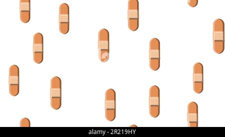 Nahtlose Mustertextur von endlosen sich wiederholenden korporal-medizinisch-pharmakologischen Pflastern zum Anhaften von Wunden und Schnitten auf weißem gelbem Hintergrund. Stock Vektor