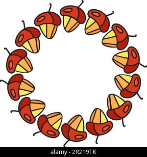 Amais von Eichenbaum-Ast, natürliche Fruchtvektoren, runder Rahmen. Waldblattpflanze, saisonale braune Nuss mit Hut. Rohe, gesunde, geschälte Zutat, Park oder g Stock Vektor