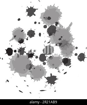 Verspritzen Sie den grauen Schwarzweiß-Vektor mit Spritzflecken. Flüssige Lacktinte tropft, spritzt, künstlerisch schmutzig Grunge abstraktes Blot-Design-Konzept. Splatt Stock Vektor