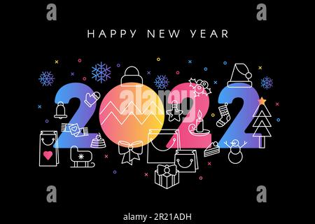 Bannervektor „2022 Happy Silvester Celebration“. Weihnachtsfeiertag mit festlicher Nummer dekorierte Geschenkbox und Einkaufstasche, weihnachtsmann-Schlitten und Hut. M Stock Vektor