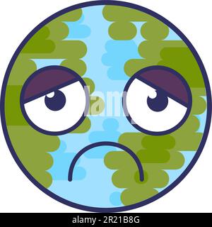 Planet Emoji mit melancholischem Expressionsvektor. Traurige Erdkugel, müde und besorgtes Gesicht. Deprimierte Erdkugel, Lächeln, Emotionen. Nachdenkliches und trauriges EM Stock Vektor