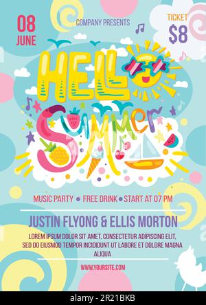 Hallo Sommer farbenfrohes Einladungsbanner Vektor. Musikfestival Party Event vertikales Poster dekoriertes Boot und Sonne mit Sonnenbrille, Obst und Eis Stock Vektor