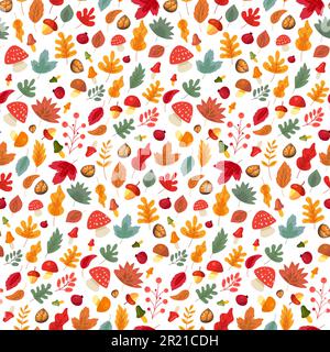 Herbstblätter und Pilze, nahtloser Mustervektor. Acorn und Walnuss, Waldbeere und Hagebutten, Fliegenagarisch und Essensbohetus. Natürliche Botanik und Stock Vektor