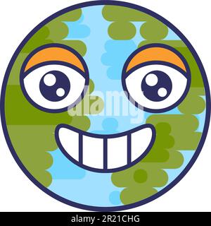 Erdenemoji lachen mit Zähnen und süßen Augen. Planet Globus Glück lacht und ruht von positivem Humor. Komisches Lächeln, lächelnde Emotionen. Joyf Stock Vektor