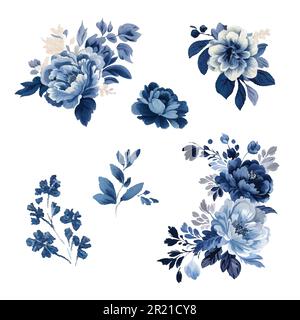 Marineblau Aquarellblüten Set. Hochzeitskonzept. Vektorelemente für Grußkarten oder Einladungen Design Vintage Aquarell Blau und Pink Stock Vektor