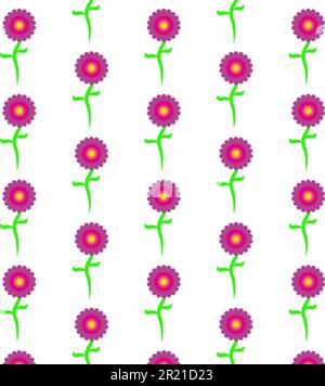 Muster aus violetten, wunderschönen, bunten, einfachen Blumen mit gelbem Kern ohne Striche, grünem Stiel und Blütenblättern. Vektordarstellung. Nahtlos Stock Vektor