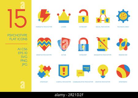 15 menschliche Psychotypen flache Symbole setzen Vektor-Cartoon Grafikelement isoliert auf weiß. Person Temperament Psychologie Einstellung, psychische Gesundheit, Menschen beha Stock Vektor