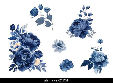 Marineblau Aquarellblüten Set. Hochzeitskonzept. Vektorelemente für Grußkarten oder Einladungen Design Vintage Aquarell Blau und Pink Stock Vektor