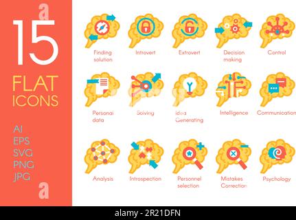 Gehirnaktivität, menschliches Denken, flache Symbole, isoliert auf weiß gesetzt. 15-Logo-Sammlung von Denkweisen, persönlichen geschäftlichen Fähigkeiten, Informationsdaten Stock Vektor