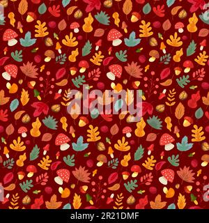 Herbstblätter und Pilze, nahtloser Mustervektor. Acorn und Walnuss, Waldbeere und Hagebutten, Fliegenagarisch und Essensbohetus. Natürliche Botanik und Stock Vektor