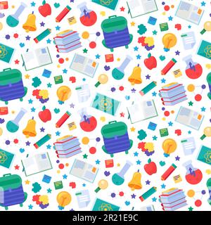 Nahtloses „Back to School“-Getue mit Doodle-Tools. Stift, offene Bücher, Lehrbücher und wissenschaftliche Ikonen. Hintergrund der Vorlage für Ausbildungselemente. Lerneinheit Stock Vektor