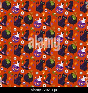 Halloween-Hexenzubehör nahtloser Mustervektor. Mütze und Katze Haustier, Pilze und Augenzutat zum Kochen und Zubereiten von Trank. Herbstmeer Stock Vektor