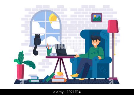 Ein Freiberufler, der zu Hause an einem Laptop arbeitet. Junger Geschäftsmann, der am Arbeitsplatz im Sessel sitzt und per Fernzugriff an einem tragbaren Computer arbeitet. Figur Bu Stock Vektor