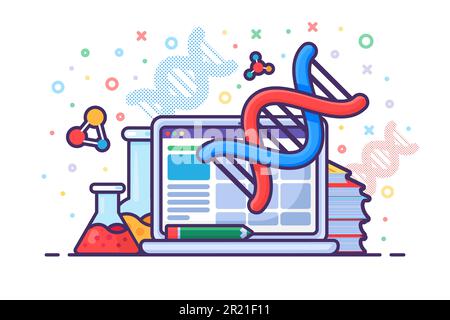 Computertechnik für genetische Vektoren. Elektronisches Laptop-Gerät für Ingenieur-dna-Moleküle im Labor, Laborgeräte, Buch und Kolben für Stock Vektor