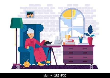Oma arbeitet mit einem Laptop-Gerät zu Hause. Großmutter sitzt im Sessel, streichelt Haustier der Katze und sieht sich Videos an oder spricht mit der Familie Stock Vektor