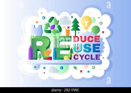 Logo-Symbol „Recycling“ Umriss Vektor Infografik flache Elemente Set. Recycling-Schild mit verschiedenen Arten von Müll, Müllabfuhr, Müllabfuhr Stock Vektor