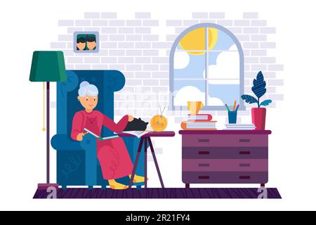 Oma liest interessantes Buch zu Hause. Großmutter streichelte Hauskatze und las Literaturgeschichte. Ruhezeit der Figur in lib Stock Vektor