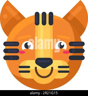 Tiger lächelt mit Rosenküken, positiver Emoji-Vektor. Wilde Katzentiere, Glück und Erröten mit schüchterem Lächeln. Comic-Raubtier mit positiven Emotionen. Hap Stock Vektor