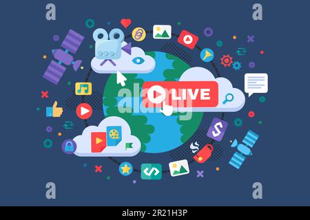 Symbol für ein globales Nachrichtenkonzept. Tools für die Produktion sozialer Medien. Live-Stream-Idee – halbflache Illustration. Abzeichen für Online-Übertragungen. Vektor-isolierte farb-drawin Stock Vektor
