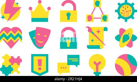 Kollektion – Symbol Für Verschiedene Kreative Designs. Blitz und Krone, Schloss und Sperre, Triangel Sphere und Heartbeat Line with Heart, Theate Stock Vektor