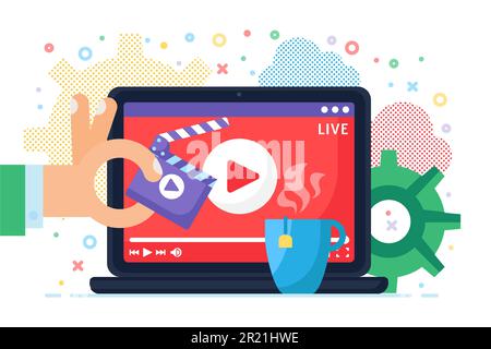Symbol für das Konzept der Live-Stream-Produktion. Online-Übertragung auf Computer-Idee, halbflache Illustration. Hand mit Klapperbrett und Becher. Modernes Cover-Design. Vec Stock Vektor