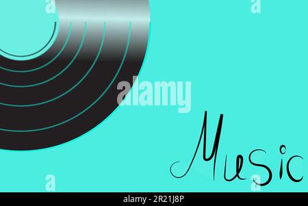 Schwarzes schillerndes Vinyl, analoges Retro, altes Hipster, klassisches Grammophon, zeichnet Grammophon und Inschrift auf einem türkisfarbenen Backgr auf Stock Vektor