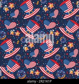 Amerikanisches National Food nahtloser Mustervektor. Mit Hut dekorierte us-Nationalflagge und Herzform, Donut und Kekse süßes traditionelles Dessertessen. Amerikanisch Stock Vektor