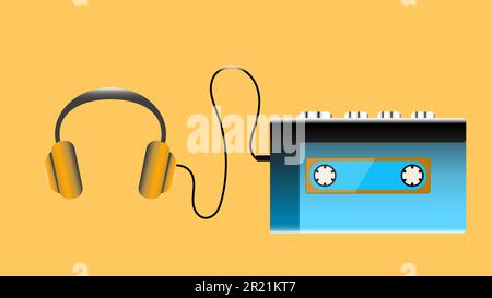 Blauer, alter Retro-Hipster realistischer, volumetrischer Audio-Player für Musikkassetten aus den 80ern, 90ern und Kopfhörern Stock Vektor