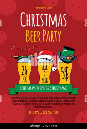 Weihnachtsbier-Party feierlicher Postervektor. Alkoholische Getränke Glas dekorierte Hirschgeweih, weihnachtsmann Hut und Kappe mit Beeren und Blatt. Alkoholische Xma Stock Vektor