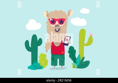 Lama trägt stilvolle Kleidung mit Smartphone-Vektor. Süßes und lustiges fröhliches Tier in stilvoller Kleidung hält das Handy oder Tablet digitales Gadget. Ch Stock Vektor
