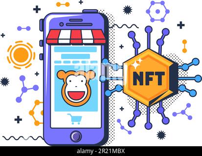 NFT-Markt für digitale Datei- oder Dienstvektoren kaufen. Elektronischer Online-Shop für den Kauf von Kryptowährungen und Medien für elektronisches Geld. Smartphone-Anwendung Stock Vektor