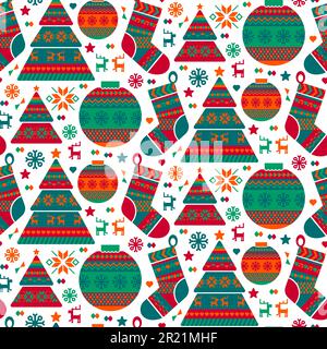Norwegische Weihnachtsdekoration nahtloser Mustervektor. Tannenbaum und Spielzeug im norwegischen Stil in Kugelform, Socken und Schneeflocke zur Weihnachtsfeier. Stock Vektor