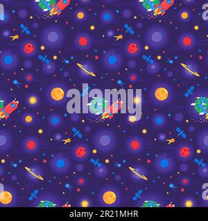 Cosmos Raumrakete fliegt nahtlos Mustervektor. Universum und Planet erforschen Fliegenraumschiff und Satellit, Transport und Ausrüstung für Entdeckungen Stock Vektor