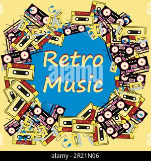Ein Retro-Rahmen aus einem alten Hipster-Audio-Player im Retro-Stil mit Kopfhörern, einem Audiorecorder und einem Audiokassett aus den 90er Jahren Stock Vektor