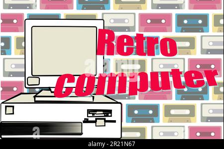 Ein alter alter, alter, antiker Gaming-Desktop-Computer im Retro-Hipster-Stil und eine Computereinschrift aus den 70er, 80er und 90er Jahren auf einem Hintergrund mit Audiokassetten Stock Vektor