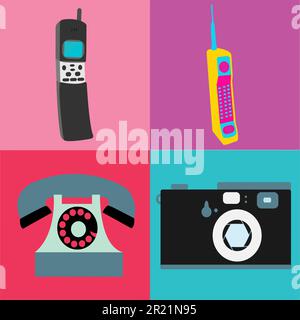 Eine Sammlung alter antiker Retro-Hipster-Analogtechnologie, Elektronik für die Kommunikation, die ersten Mobil- und Disk-Telefone und eine Kamera aus den 80 Jahren Stock Vektor