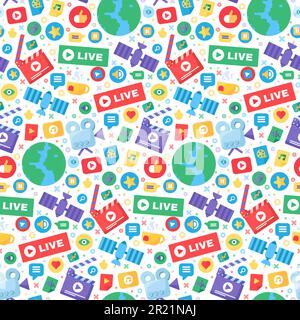 Live-Stream erzeugt ein nahtloses Vektormuster. Social-Media-Idee – dünner Strich. Halbflache Abzeichen für globale Nachrichten. Modernes Hintergrunddesign. Vec Stock Vektor
