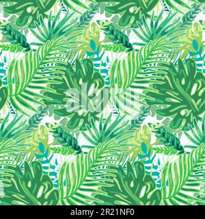 Tropische grüne Pflanzen, nahtlos gemustert mit Dattelpalmenblättern, Farnen und Monstera. Blätter und Blumen exotischer Pflanzen. Verzierung zum Bedrucken von Textilien Stock Vektor