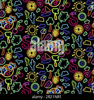 Sommerurlaub Neon-Stil nahtloser Mustervektor. Bunter Flamingo-Vogel und lächelndes Emoticon mit Sonnenbrille, Kaktus und Baumpflanzenblatt, orange Stock Vektor