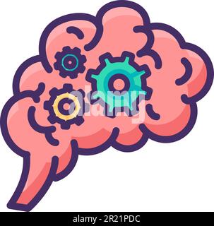 Hemisphären des menschlichen Gehirns mit Umwälzungen in einem Zahnradmechanismus. Brainstorming, plötzliche Ideen und Denkprozesse. Flaches Symbol mit Kontur isolieren Stock Vektor